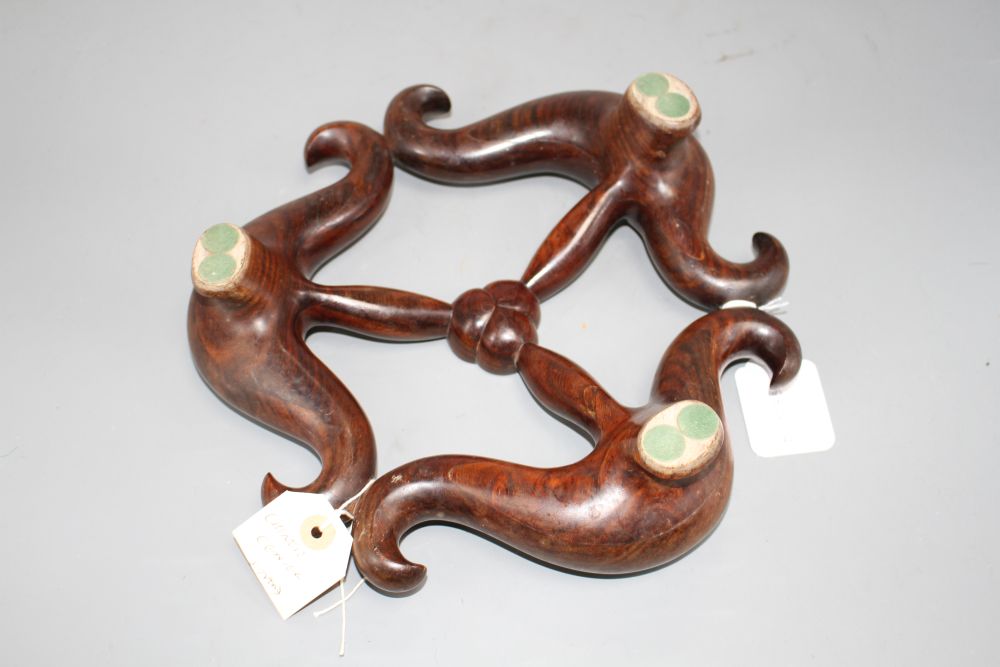 A large Chinese hardwood tripod censer stand, W. 28cm